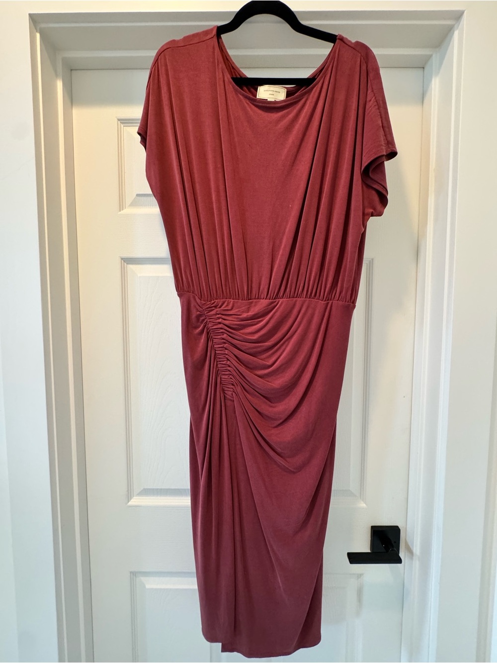Moulinette Soeurs Dusty Rose Midi Dress with Ruched Side Detail